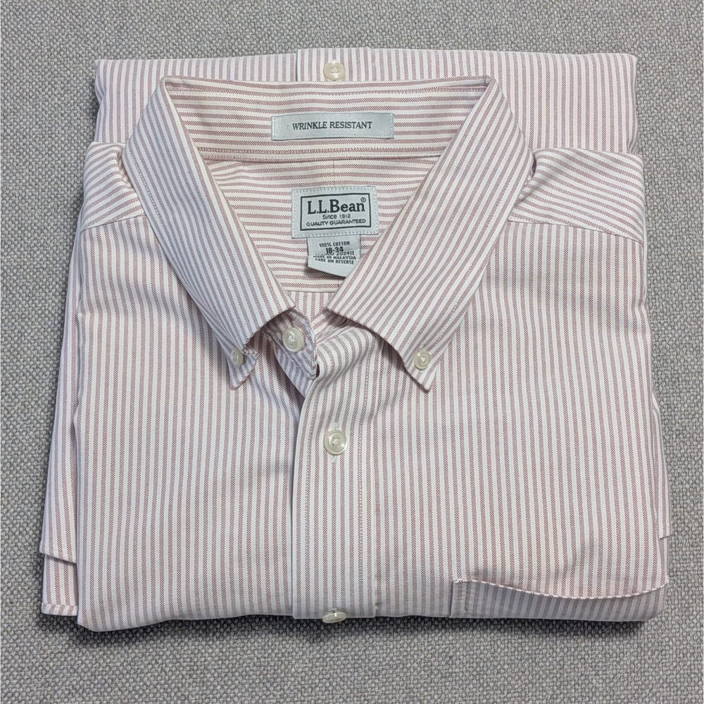 L.L.Bean Men's Vintage Wrinkle-Resistant Dress Shirt White Red Stripe 18-34
